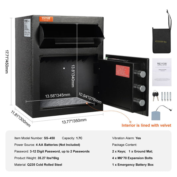1.7 Cub Depository Safe With Drop Slot Electronic Code Lock And 2 Emergency Keys 17.71'' X 13.77'' Business For Cash Mail In Home Hotel Office Safes