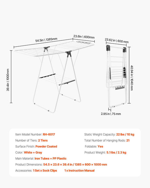 Vevor 2 Tier Foldable Clothes Drying Rack With Sock Clips & 21 Rods White Garment Racks