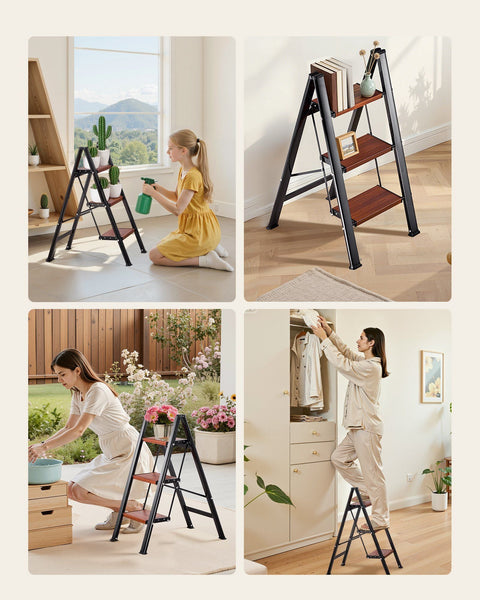 3 Step Ladder Folding Stool With Wide Anti Slip Pedal And Comfort Handgrip Lightweight 150 Kg Capacity Portable Aluminum Plant Support Multi Use For A
