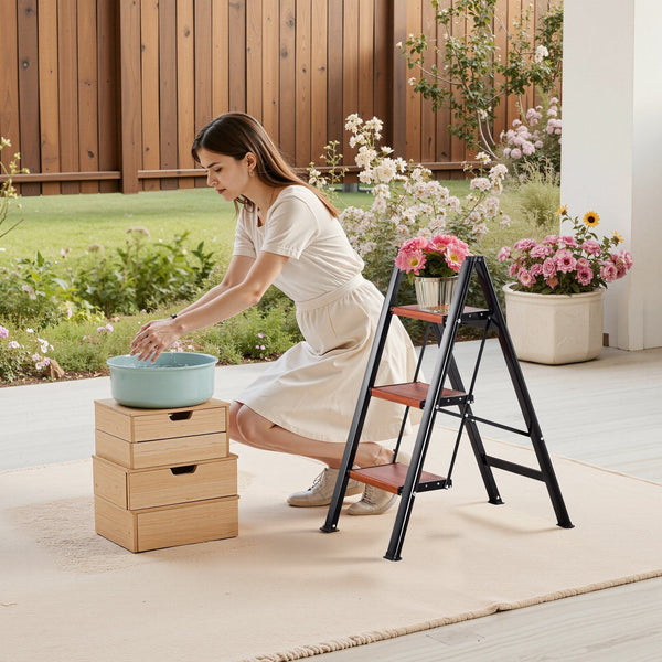 3 Step Ladder Folding Stool With Wide Anti Slip Pedal And Comfort Handgrip Lightweight 150 Kg Capacity Portable Aluminum Plant Support Multi Use For A