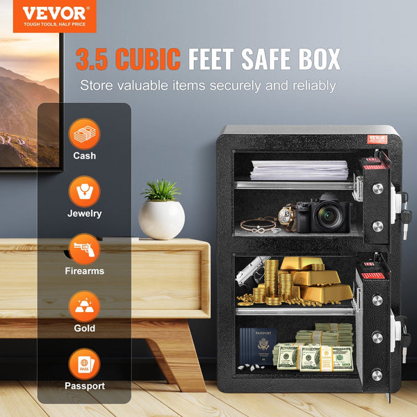Vevor Double Door 3.5 Cu.Ft Safe Box With Key Lock Password Fireproof Bag Black Key Safes Boxes & Hideaways