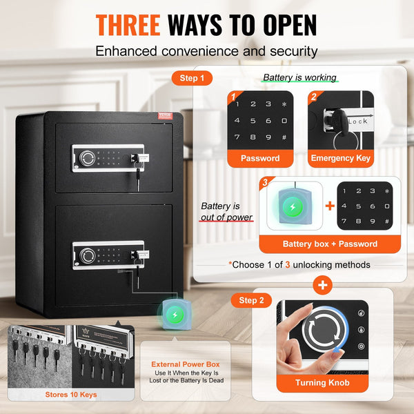 Vevor Double Door 3.5 Cu.Ft Safe Box With Key Lock Password Fireproof Bag Black Key Safes Boxes & Hideaways