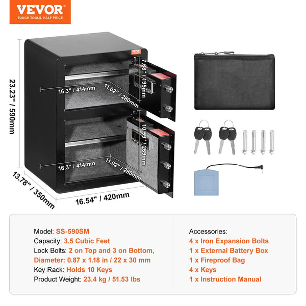 Vevor Double Door 3.5 Cu.Ft Safe Box With Key Lock Password Fireproof Bag Black Key Safes Boxes & Hideaways