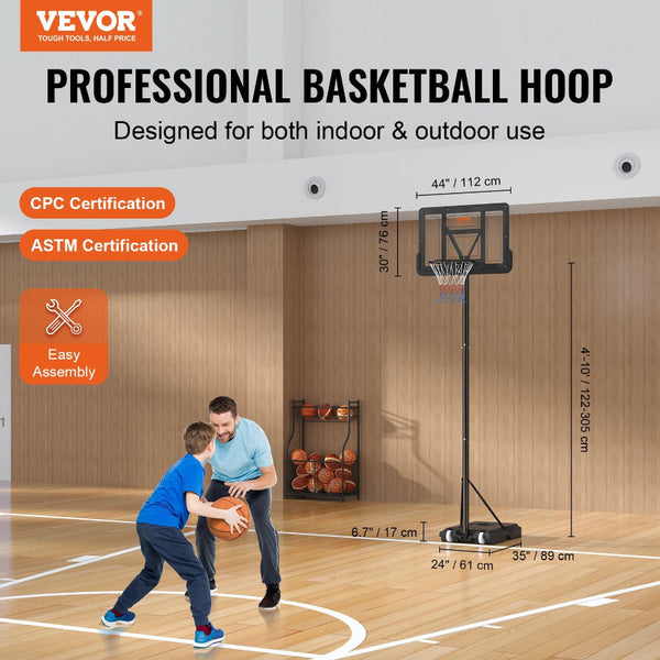Basketball Hoop 4 10 Ft Adjustable Height Portable Backboard System 44 Inch & Goal Kids Adults Set With Wheels Stand And Fillable Base For Outdoor/Ind