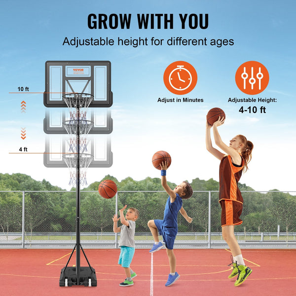 Basketball Hoop 4 10 Ft Adjustable Height Portable Backboard System 44 Inch & Goal Kids Adults Set With Wheels Stand And Fillable Base For Outdoor/Ind