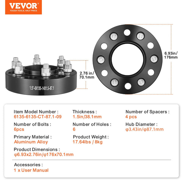 Vevor 1.5" 6"X5.3" Wheel Spacers Adapters Lug Forged 4 Pcs Black Steering Wheels & Horns
