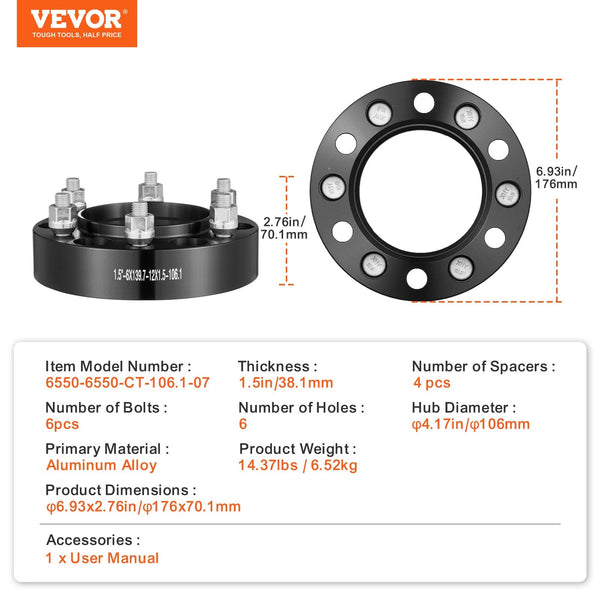 Vevor 1.5" 6"X5.5" Wheel Spacers Adapters Lug Forged 4 Pcs Black Steering Wheels & Horns