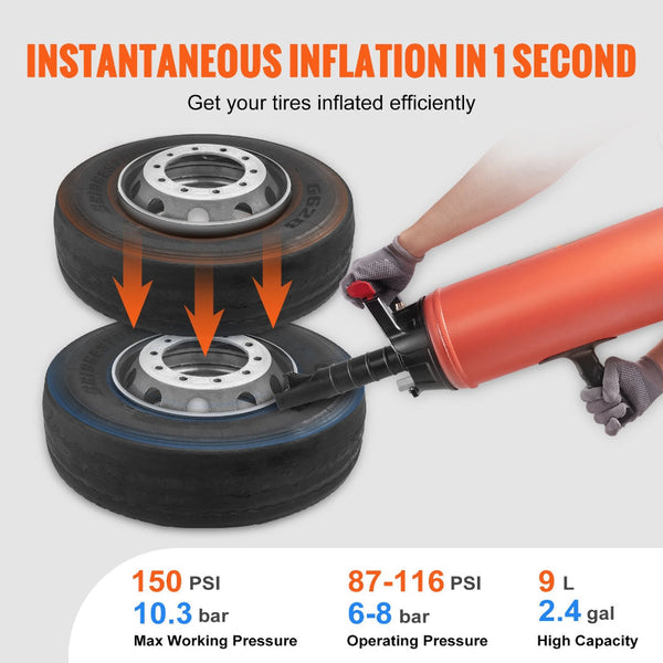 Vevor Tire Bead Seater 2.4 Gal/9 L Air Blaster 150 Psi Handheld Bazooka Portable Inflator Tool 87 116 Operating Pressure For Tractor Truck Atv Car And