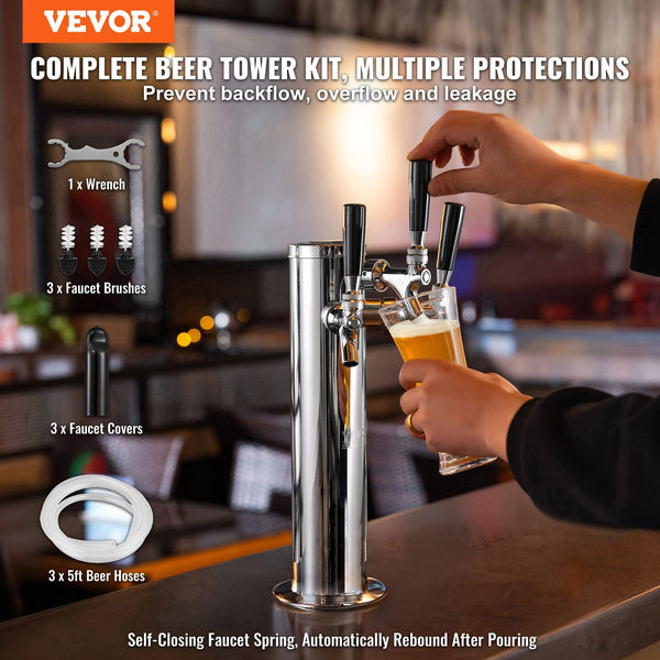 Triple Taps Draft Beer Tower Dispenser Stainless Steel Keg Kegerator Kit With Pre Assembled Tubing And Self Closing Faucet Shanks For Party Bar Pub Re
