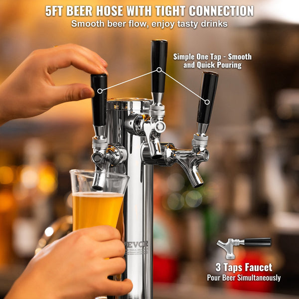 Triple Taps Draft Beer Tower Dispenser Stainless Steel Keg Kegerator Kit With Pre Assembled Tubing And Self Closing Faucet Shanks For Party Bar Pub Re