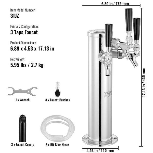 Triple Taps Draft Beer Tower Dispenser Stainless Steel Keg Kegerator Kit With Pre Assembled Tubing And Self Closing Faucet Shanks For Party Bar Pub Re