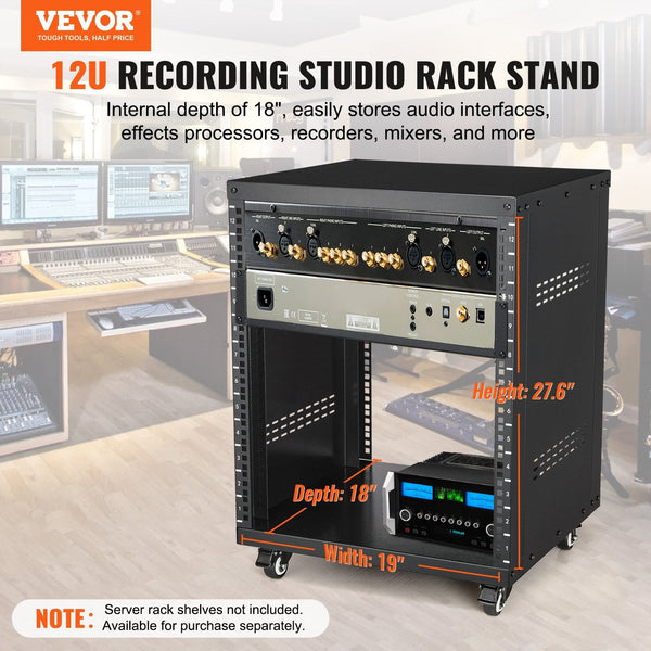 12U Av Rack Stand 136.08Kg Capacity Network Stereo Recording Studio With Lockable Caster Wheels Round & Square Holes Special Vent For 482.6 Mm Audio V