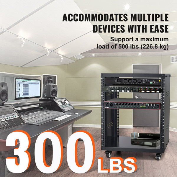 12U Av Rack Stand 136.08Kg Capacity Network Stereo Recording Studio With Lockable Caster Wheels Round & Square Holes Special Vent For 482.6 Mm Audio V