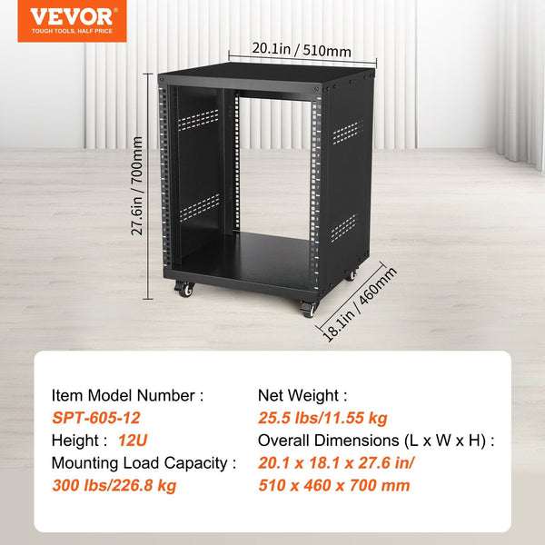 12U Av Rack Stand 136.08Kg Capacity Network Stereo Recording Studio With Lockable Caster Wheels Round & Square Holes Special Vent For 482.6 Mm Audio V