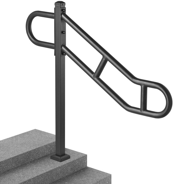 Single Post Handrail For Outdoor 1 3 Steps 40.5" L X 35.4" Metal Bent Stair Handrails Floor Mounted Carbon Steel Railing U Shaped Grab Rails With 2 An