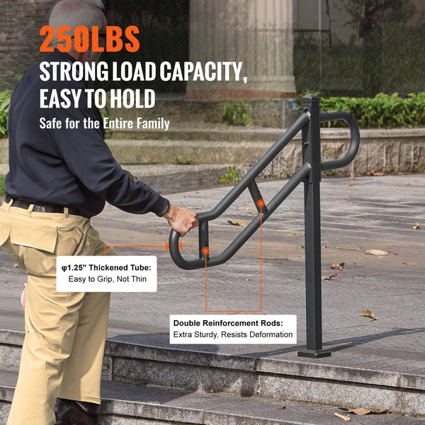 Single Post Handrail For Outdoor 1 3 Steps 40.5" L X 35.4" Metal Bent Stair Handrails Floor Mounted Carbon Steel Railing U Shaped Grab Rails With 2 An