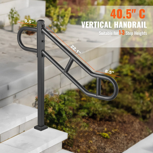 Single Post Handrail For Outdoor 1 3 Steps 40.5" L X 35.4" Metal Bent Stair Handrails Floor Mounted Carbon Steel Railing U Shaped Grab Rails With 2 An