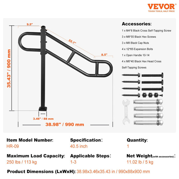 Single Post Handrail For Outdoor 1 3 Steps 40.5" L X 35.4" Metal Bent Stair Handrails Floor Mounted Carbon Steel Railing U Shaped Grab Rails With 2 An