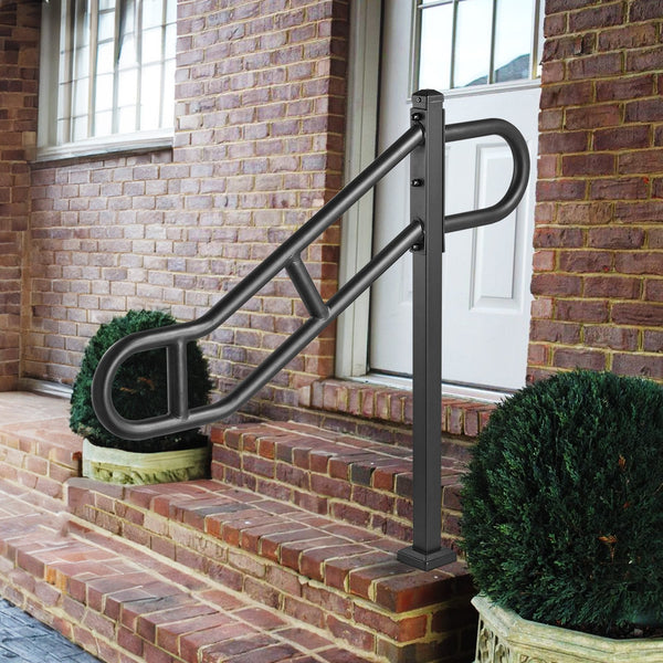 Single Post Handrail For Outdoor 1 3 Steps 40.5" L X 35.4" Metal Bent Stair Handrails Floor Mounted Carbon Steel Railing U Shaped Grab Rails With 2 An