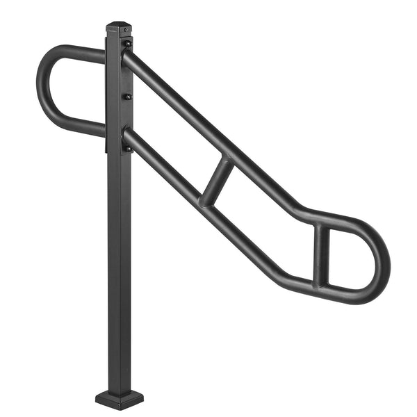 Single Post Handrail For Outdoor 1 3 Steps 40.5" L X 35.4" Metal Bent Stair Handrails Floor Mounted Carbon Steel Railing U Shaped Grab Rails With 2 An