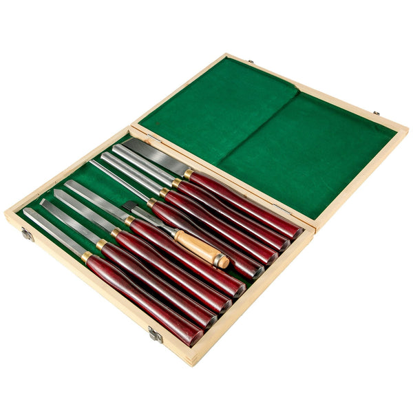 Woodworking Lathe Chisel Set 8 Piece Hss Steel Blades Turning Tools Wooden Case For Storage Carving Root Furniture Lathes Red Woodcarving Hand Tools