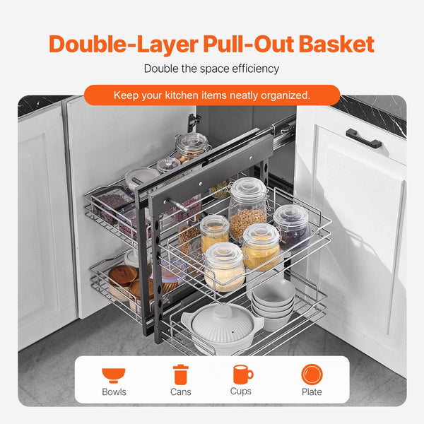 Vevor Min 15"W Opening Blind Corner Pull Out Organizer 2 Tier 4 Shelf Kitchen Cabinet Chrome Carbon Steel Storage Basket Slide Left & Right Compatible