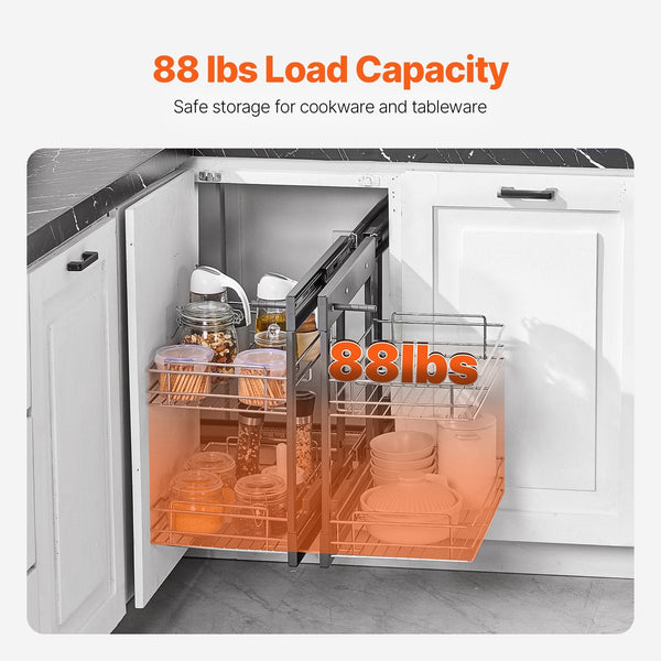 Vevor Min 15"W Opening Blind Corner Pull Out Organizer 2 Tier 4 Shelf Kitchen Cabinet Chrome Carbon Steel Storage Basket Slide Left & Right Compatible