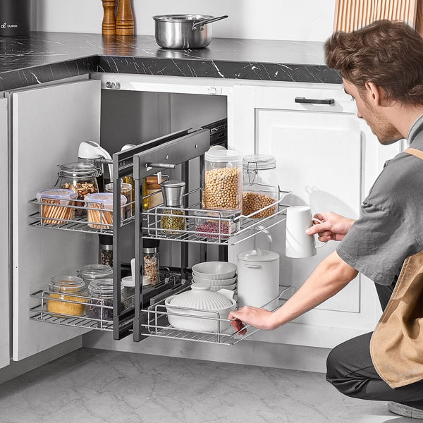 Vevor Min 15"W Opening Blind Corner Pull Out Organizer 2 Tier 4 Shelf Kitchen Cabinet Chrome Carbon Steel Storage Basket Slide Left & Right Compatible