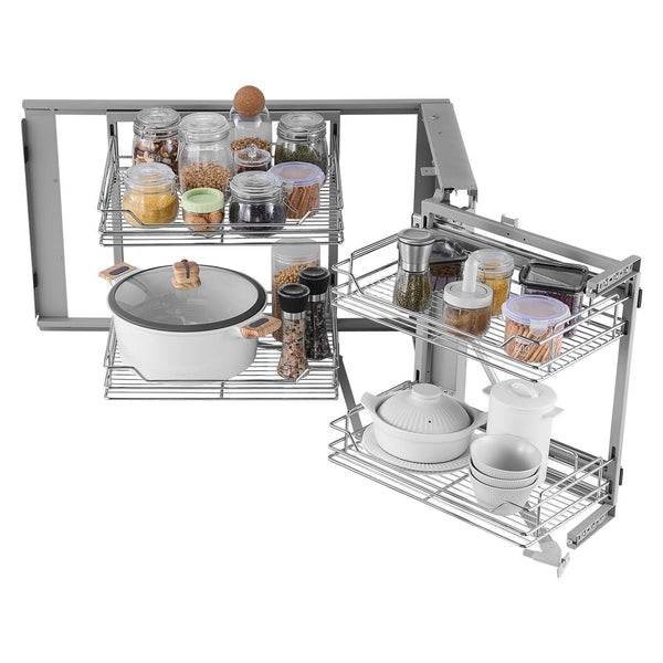 18"W Opening Blind Corner Pull Out Organizer 2 Tier 4 Shelf Kitchen Cabinet Magic Chrome Carbon Steel Storage Basket Slide Left & Right Compatible Oth