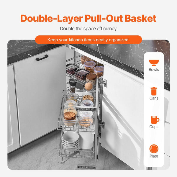 18"W Opening Blind Corner Pull Out Organizer 2 Tier 4 Shelf Kitchen Cabinet Magic Chrome Carbon Steel Storage Basket Slide Left & Right Compatible Oth
