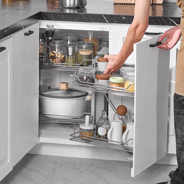18"W Opening Blind Corner Pull Out Organizer 2 Tier 4 Shelf Kitchen Cabinet Magic Chrome Carbon Steel Storage Basket Slide Left & Right Compatible Oth