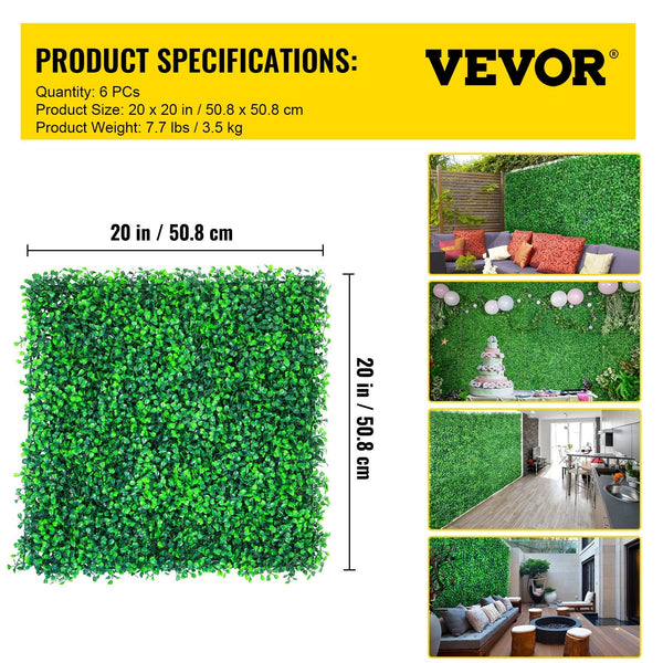 Vevor Artificial Boxwood Panels 6 Pcs 50.8X50.8Cm Pe Grass Backdrop Wall 4 Privacy Hedge Screen For Outdoor Indoor Garden Fence Backyard Artificial Pl
