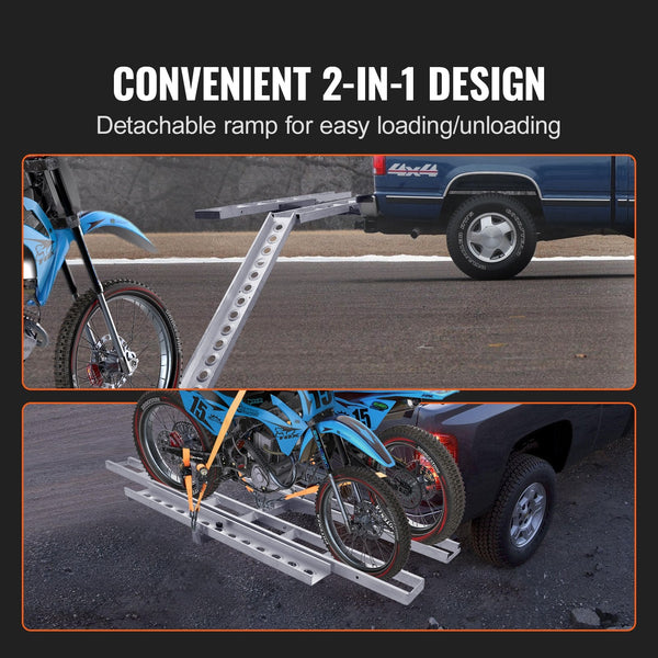Vevor Motorcycle Carrier 2 Bike 272.15Kgs Aluminum Hitch Mount Loading Ramp Scooter Dirt Trailer Hauler Ratchet Straps And Stabilizer For Truck With 2