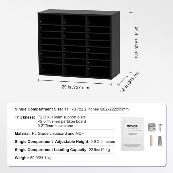 Wood Literature Organizer Adjustable File Sorter 24 Compartments Black Drawer Organisers