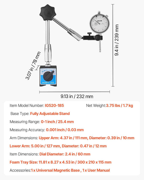 Dial Test Indicator With Magnetic Flexible Base Stand 0.03 Mm Accuracy 25.4Mm Range Fine Adjustable Long Arm Professional For Machine Set Up Narrow Ar