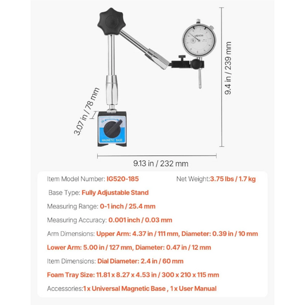 Dial Test Indicator With Magnetic Flexible Base Stand 0.03 Mm Accuracy 25.4Mm Range Fine Adjustable Long Arm Professional For Machine Set Up Narrow Ar