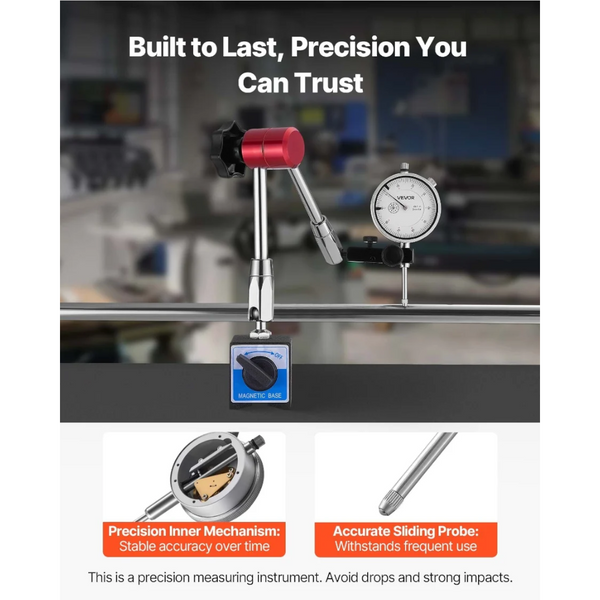 Dial Test Indicator With Magnetic Flexible Base Stand 0.03 Mm Accuracy 25.4Mm Range Fine Adjustable Long Arm Professional For Machine Set Up Narrow Ar