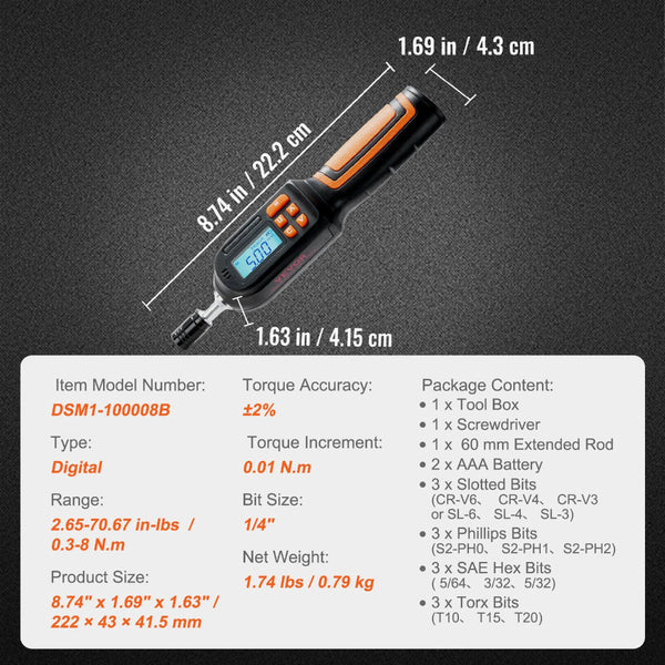 Vevor Digital Torque Screwdriver 1/4" Range 2.65 70.67In/Lb W/ 0.01N.M Increment Screwdrivers & Nutdrivers