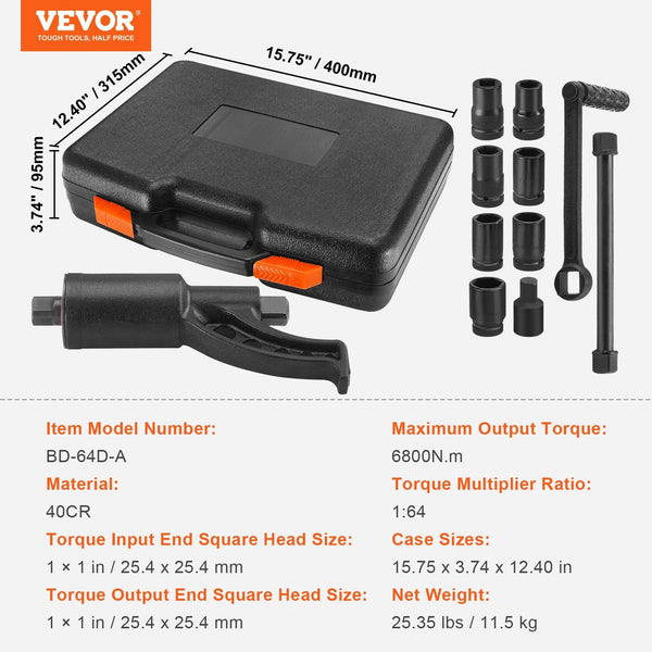 Vevor Torque Multiplier Heavy Duty Wrench Set 1 Inch Drive Lug Nut 1:64 6800N.M Remover With Sockets And Storage Case For Truck Trailer Rv Wrench Sets