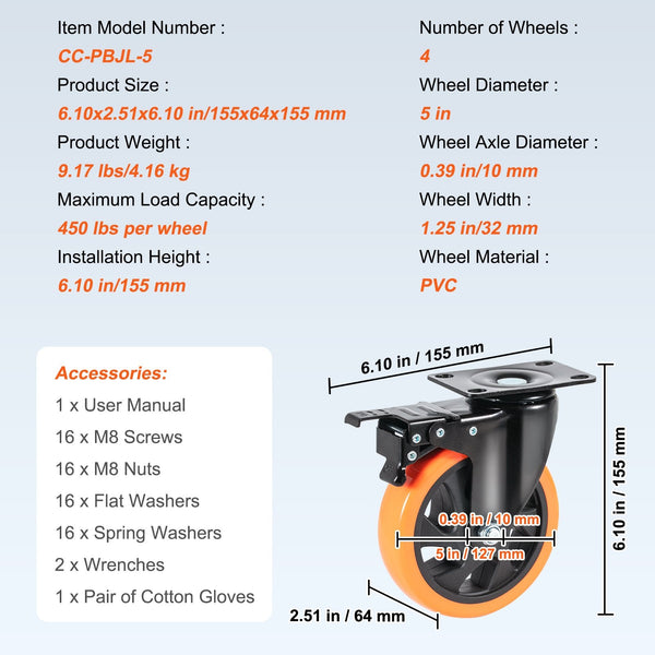 Vevor Caster Wheels 127 Mm Swivel Plate Casters Set Of 4 With Security A/B Locking No Noise Pvc Heavy Duty 204 Kg Load Capacity Per Non Marking For Ca