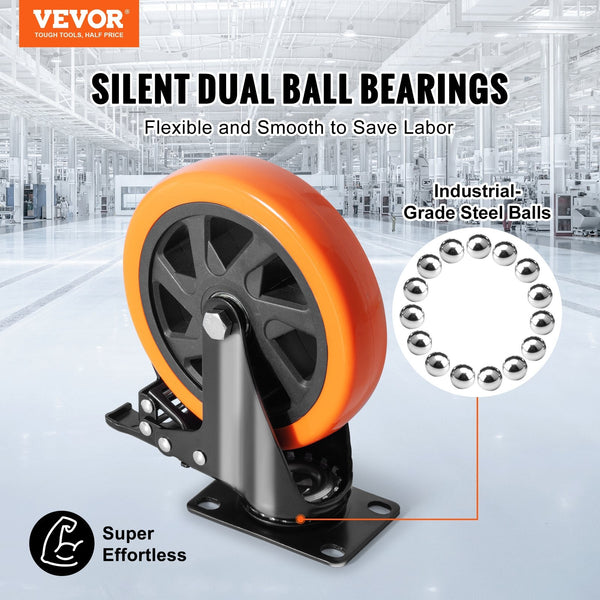 Vevor Caster Wheels 152.4 Mm Swivel Plate Casters Set Of With Security A/B Locking No Noise Pvc Heavy Duty 318 Kg Load Capacity Per Non Marking For Ca