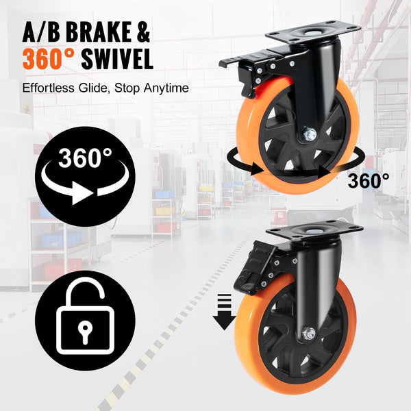 Vevor Caster Wheels 152.4 Mm Swivel Plate Casters Set Of With Security A/B Locking No Noise Pvc Heavy Duty 318 Kg Load Capacity Per Non Marking For Ca