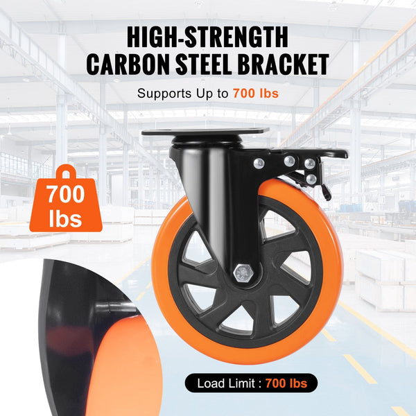 Vevor Caster Wheels 152.4 Mm Swivel Plate Casters Set Of With Security A/B Locking No Noise Pvc Heavy Duty 318 Kg Load Capacity Per Non Marking For Ca