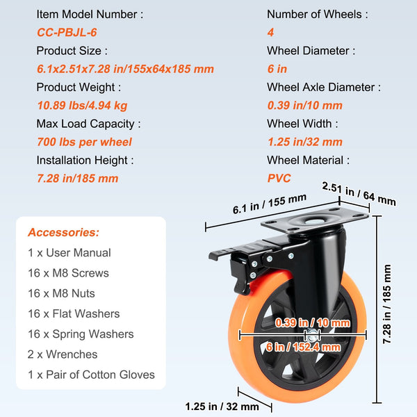 Vevor Caster Wheels 152.4 Mm Swivel Plate Casters Set Of With Security A/B Locking No Noise Pvc Heavy Duty 318 Kg Load Capacity Per Non Marking For Ca