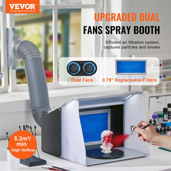 Vevor Airbrush Spray Booth Portable Hobby Paint Kit With 4 Led Light Powerful Dual Exhaust Fans Turntable And 6 Ft Extension Hose For Painting Models