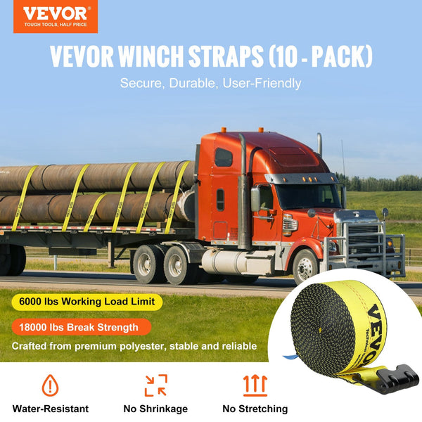 Vevor Winch Straps 10.2 Cm X 9.1 M 2.7T Load Capacity 8.2T Break Strength Truck With Flat Hook Flatbed Tie Downs Cargo Control For Trailers Farms Resc