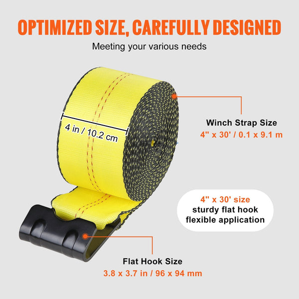 Vevor Winch Straps 10.2 Cm X 9.1 M 2.7T Load Capacity 8.2T Break Strength Truck With Flat Hook Flatbed Tie Downs Cargo Control For Trailers Farms Resc