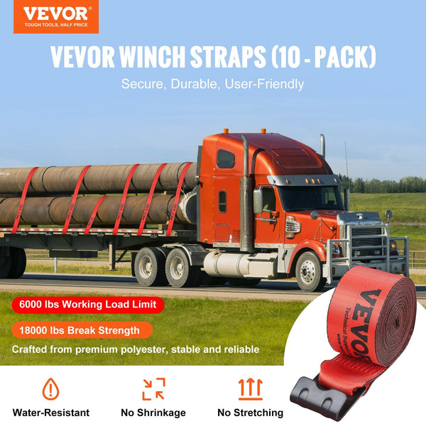 10 Pack Winch Straps 10.2 Cm X 9.1 M 2.7T Load Truck Tie Down Flat Hook Red Tow Bars & Winches
