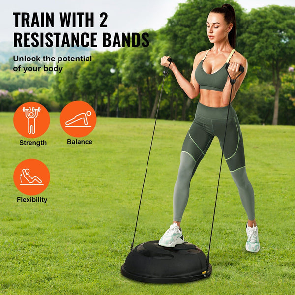 Half Exercise Ball Trainer 26 Inch Balance 1500Lbs Capacity Stability Yoga With Resistance Bands & Foot Pump Strength Fitness For Home Gym Full Body W