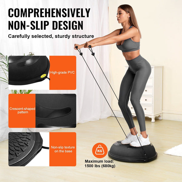 Half Exercise Ball Trainer 26 Inch Balance 1500Lbs Capacity Stability Yoga With Resistance Bands & Foot Pump Strength Fitness For Home Gym Full Body W